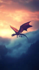 Lone dragon soars over misty mountains at burning dusk