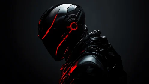 Cybernetic helmet profile glows with red neon circuitry