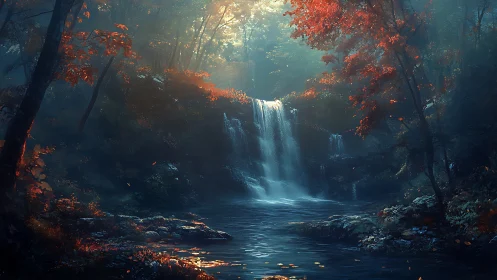 Autumn Waterfall in Enchanted Forest Light.