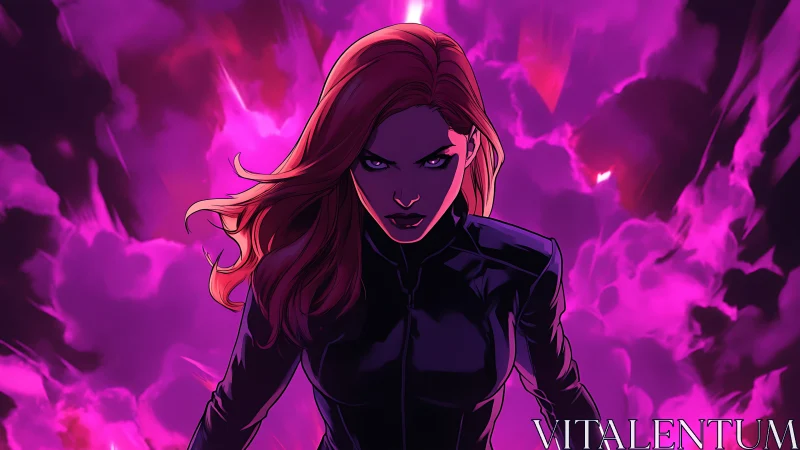 Storm-lit heroine in black suit amid violet energy clouds.