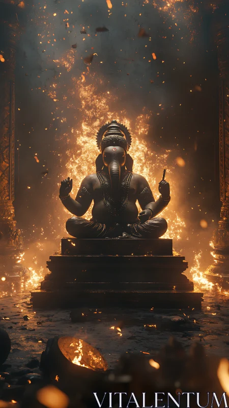 Ganesha idol in blazing temple interior with dramatic fire backlight.