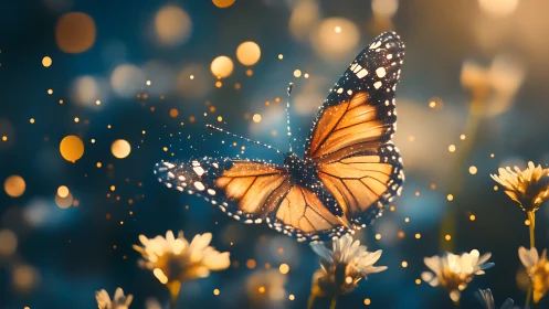 Glowing monarch butterfly drifting through dreamy wildflowers.