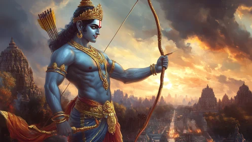 Blue-skinned archer deity stands over burning temple city