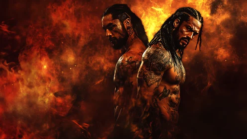 Tattooed warriors framed by blazing inferno backdrop.