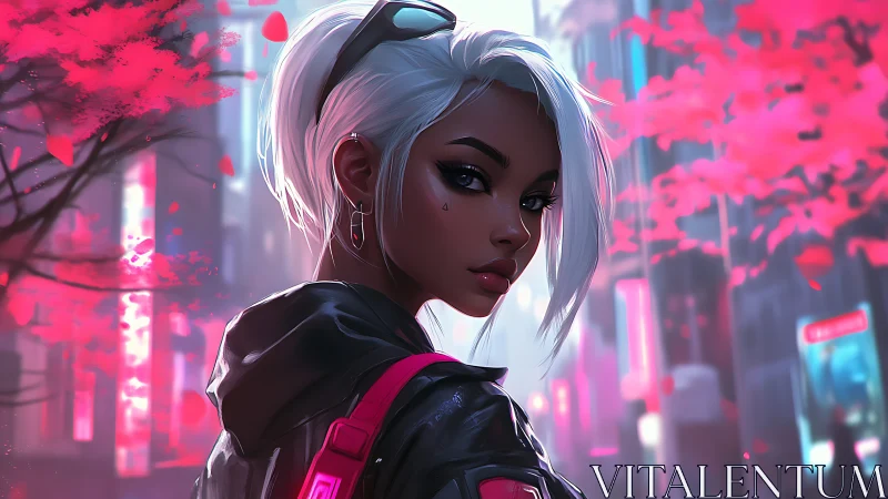 Silver-haired cyberpunk girl walks under neon blossom skies.