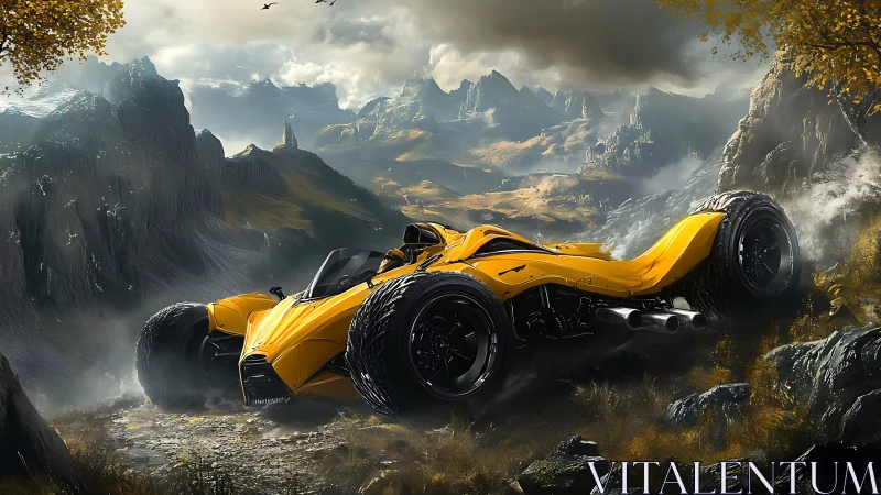 Futuristic yellow offroad supercar in dramatic mountain valley.