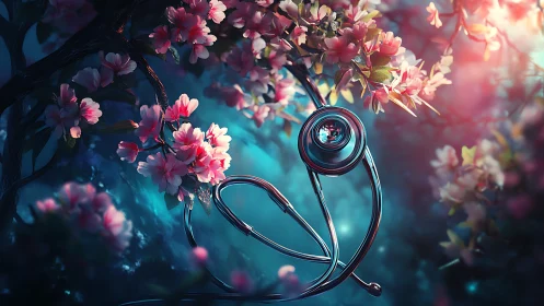 Stethoscope entwined with luminous cherry blossoms at dusk.