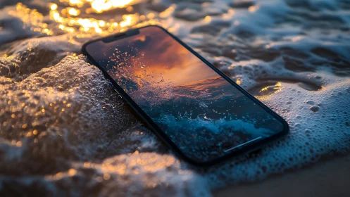 Tide-kissed smartphone portal catching a molten sunset wave.