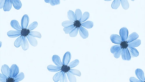 Blue daisy flowers scattered on white background.