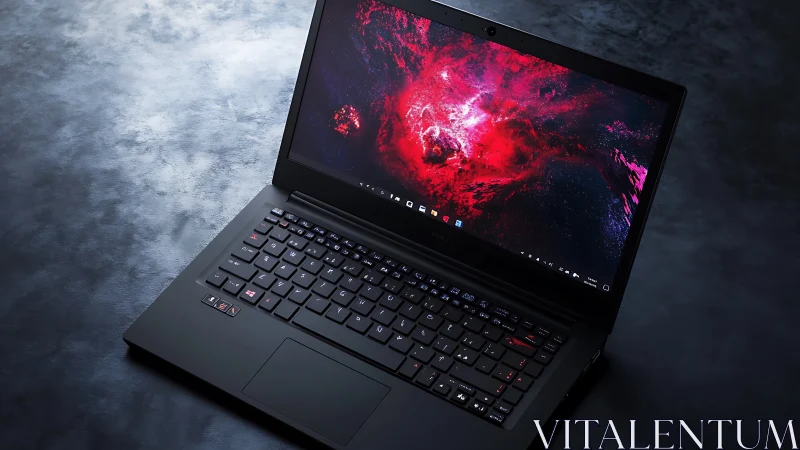 Open black laptop displays red abstract graphic on screen