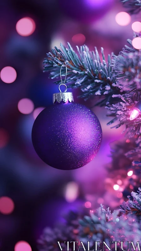 Chromatic bokeh study of violet ornament on frosted fir.