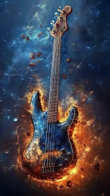 Electrified blue bass guitar engulfed in cosmic firestorm.