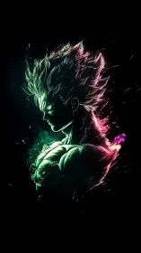 Neon-charged muscular anime warrior in explosive side profile