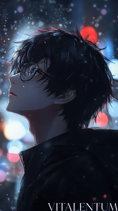 Backlit anime profile studies reflective gaze in neon bokeh