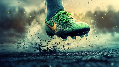 Green soccer cleat strikes wet ground, sending mud flying