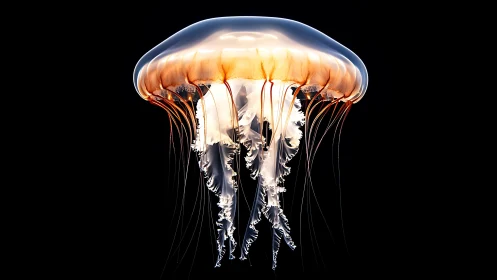 Translucent jellyfish with extended tentacles in darkness.