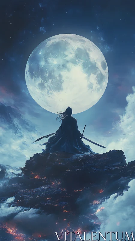 Lone samurai silhouettes under colossal moonlit sky