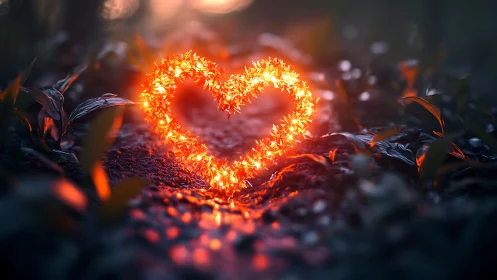 Burning heart shape glows intensely among charred ground