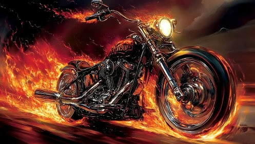 Flaming chrome motorcycle races through infernal highway blaze