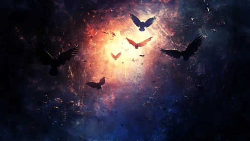 Soaring birds rise toward glowing light in a cosmic sky