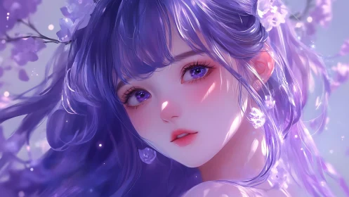 Iridescent anime portrait renders violet-haired girl in bloom