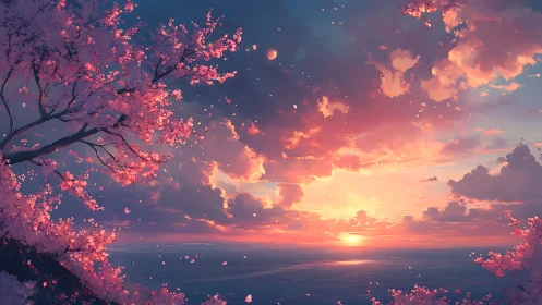 Digital seascape with cherry blossoms at sunset horizon.