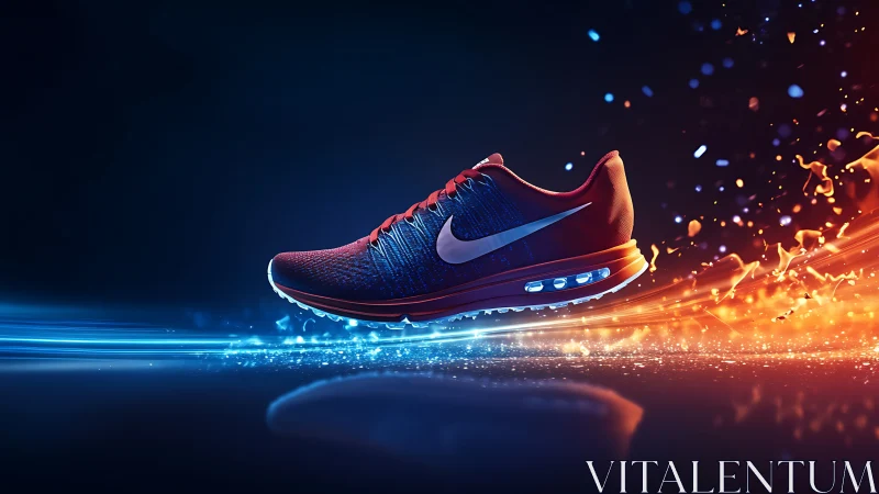 Running shoe in dynamic blue and orange motion trail.