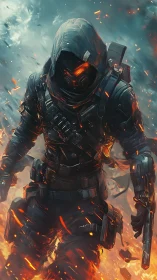 Armored hooded operative in flames with firearm gear.