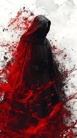 Shrouded dark warrior engulfed in violent crimson strokes.