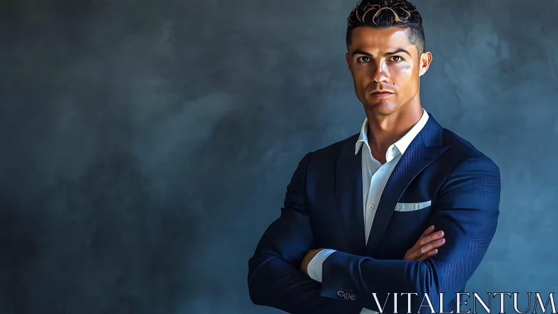 Man in navy suit crosses arms against textured gray wall