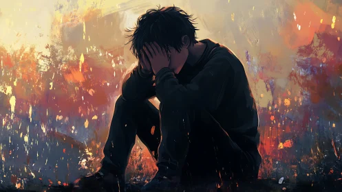 Melancholic youth in crouched pose amid abstract firelit haze