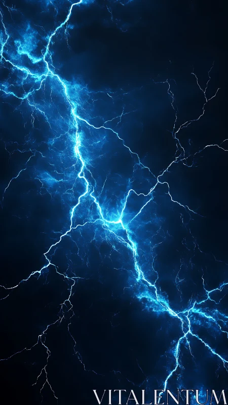 Vertical blue electrical discharges traverse a dark field