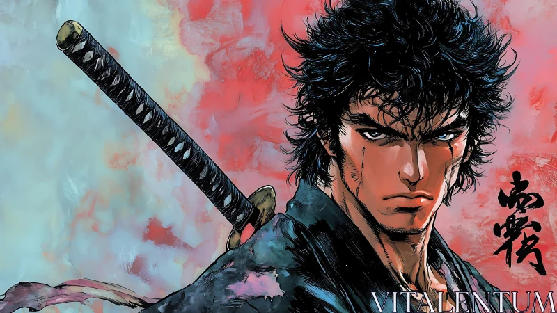 Samurai swordsman stares forward with katana on shoulder