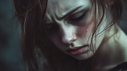 Melancholic young woman gazes downward in muted closeup