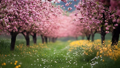 Pink flowering trees frame meadow with yellow wildflowers blooming