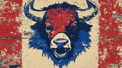 Weathered bison roar in red and blue frontier grit.