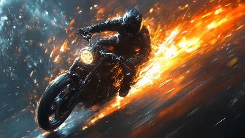 Motorcyclist racing through fire with dynamic motion blur.