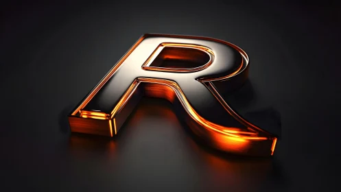 Metallic 3D Letter R with Orange Neon Glow on Dark Background.