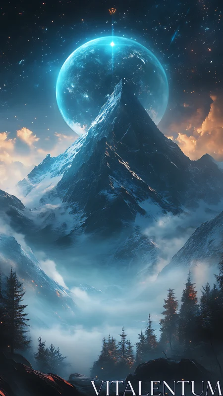 Moonlit peak rising through mist into a glowing cosmic sky.