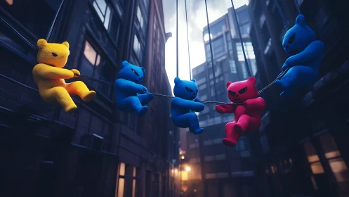Colorful plush bears wage playful tug-of-war above city streets.