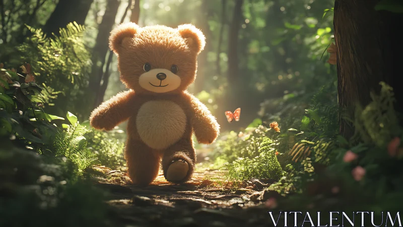 Fluffy teddy bear strolls along a sunlit enchanted forest path.