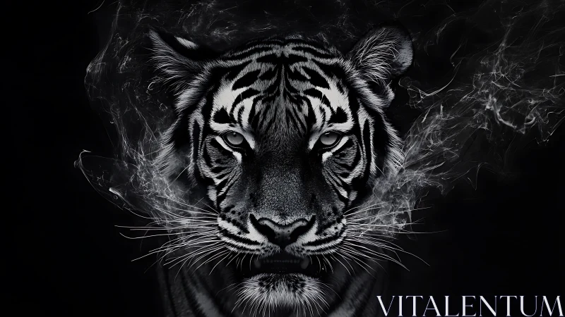 Monochrome tiger portrait with swirling smoke aura.
