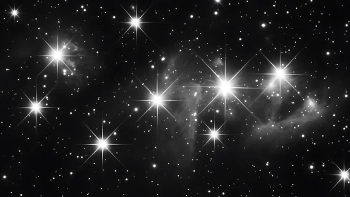 Stellar cluster in monochrome space dust with sharp flares.