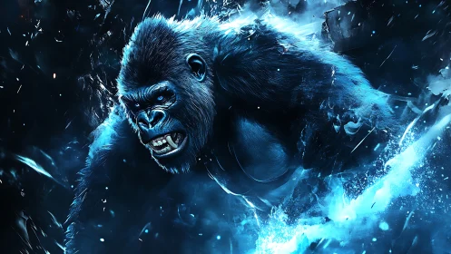 Fierce blue gorilla surges forward through swirling energy light