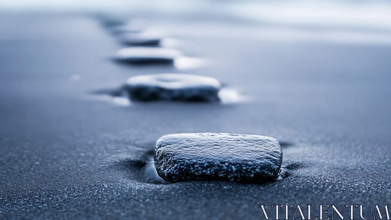 Smooth wet stepping stones aligned across soft shoreline.