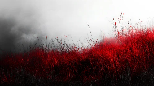 Scarlet hillside of wild grass contrasts with stormy sky.