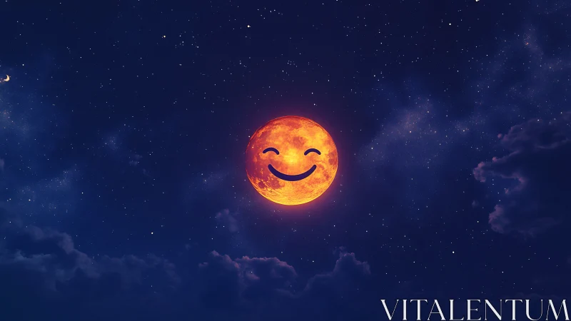 Smiling orange moon glows warmly in deep starry night sky
