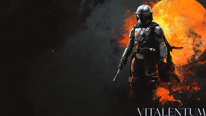 Armored space warrior silhouetted against molten lunar backdrop