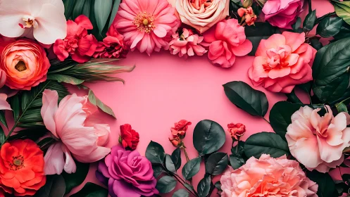 Floral Arrangement on Pink Background with Roses and Greenery