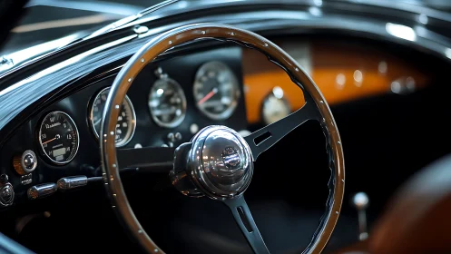 Classic car dashboard with gleaming vintage steering wheel.